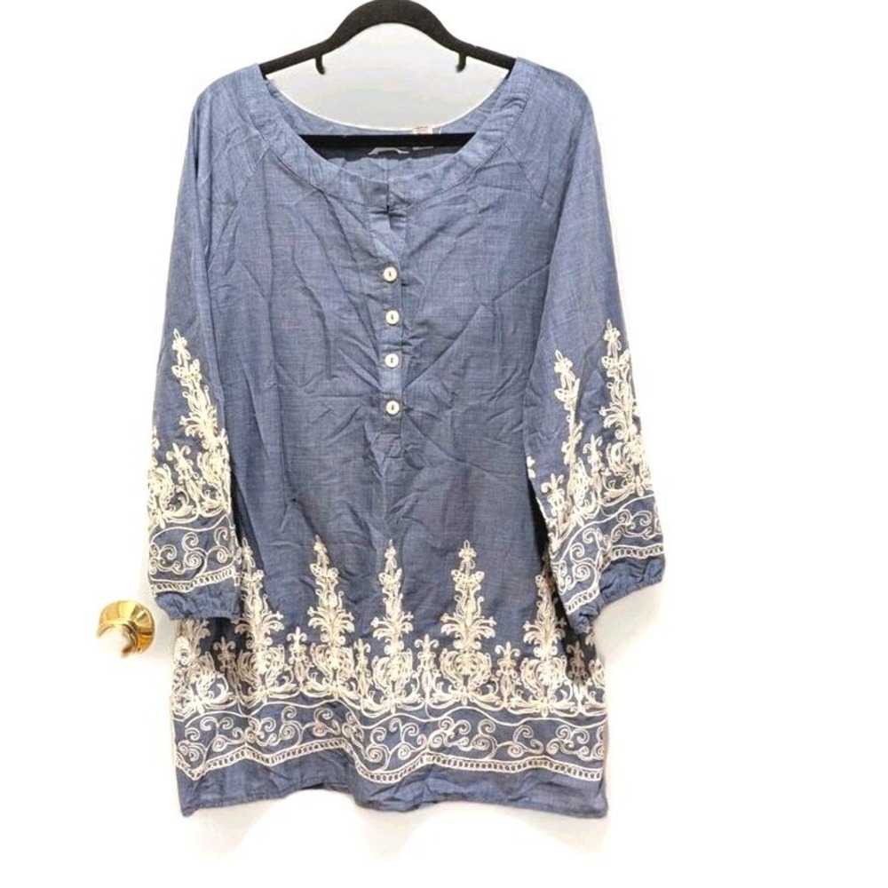 Boho Festival Chambray Embroidered Tunic Top Mini Dress Kaktus Large NWT Blue